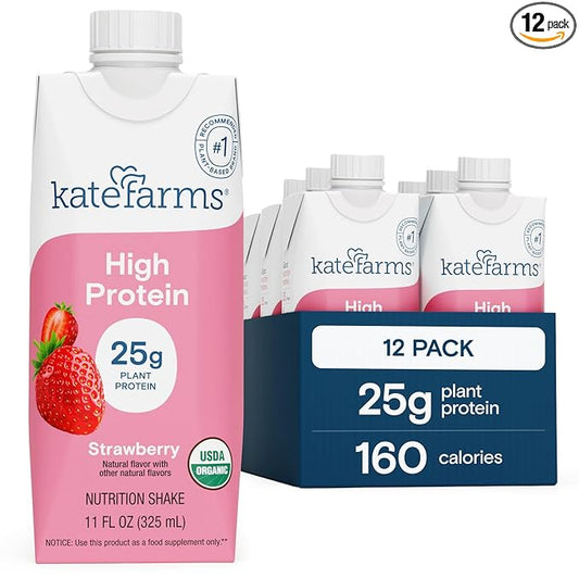 KATE FARMS Organic High Protein Strawberry Nutrition Shake, 25g Protein, 6g Fiber, 27 Vitamins and Minerals, 0g Sugar, Protein Drink, 11 oz (12 Pack)