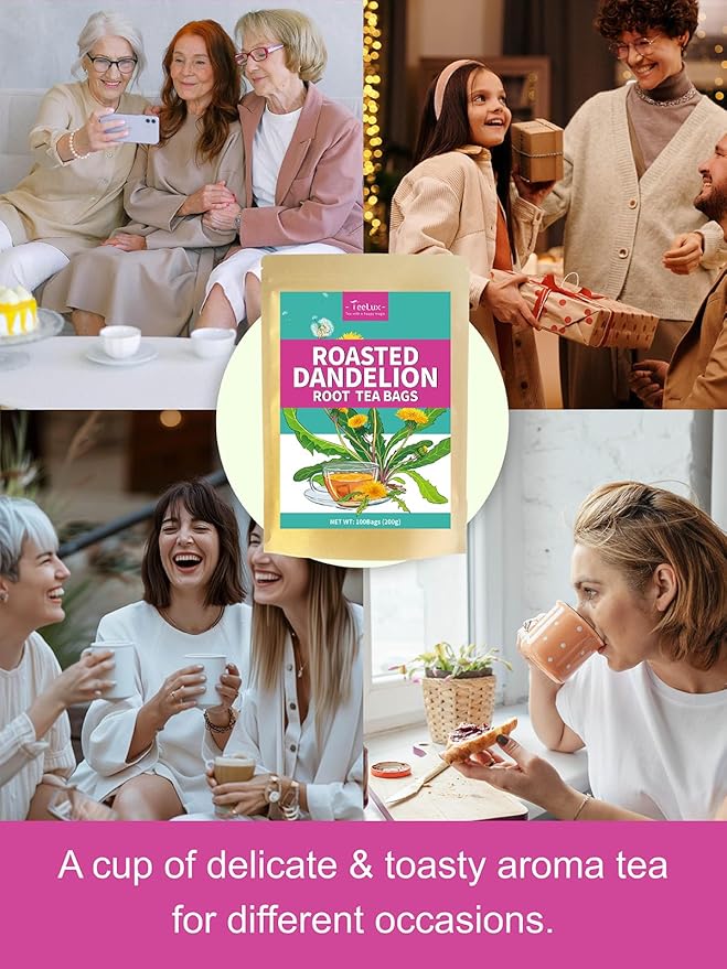 TeeLux Roasted Dandelion Root Tea Bags, Premium Natural Dandelion Root Herbal Tea, Caffeine Free, 100 Tea Bags