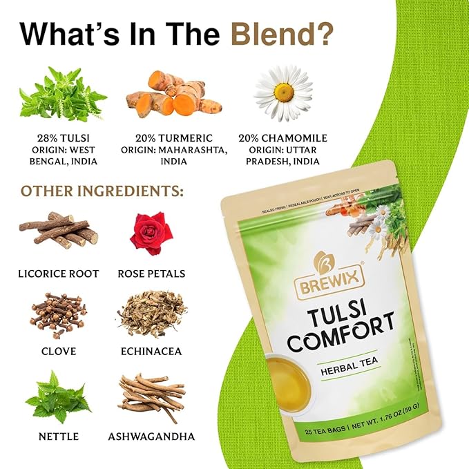 BREWIX, Tulsi Holy Basil Tea Bags (25 Pyramid Bags) | Tulsi Leaves | Holy Basil & Chamomile | Caffeine Free | Herbal Tea Bags | Calming, Fresh and Cool Flavor
