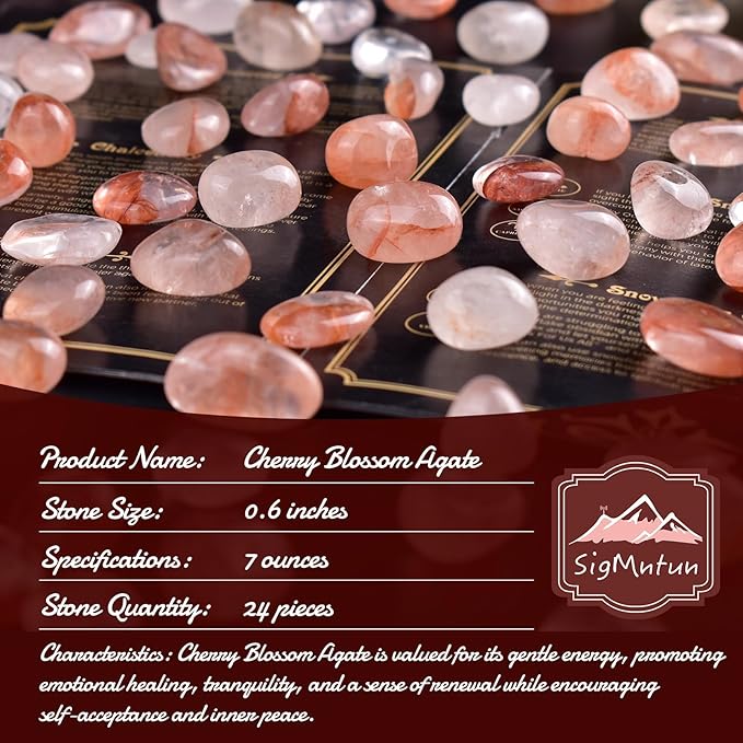 Cherry Blossom Agate Healing Crystal Stone Set - 24 Pieces, 0.6" Natural & Polished Stones for Healing, Meditation, Reiki, Chakra, Crafting & Decoration