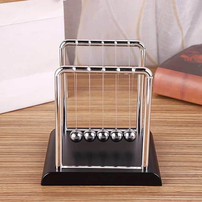 Newton's Cradle Swinging Balls, Balance Pendulum with Black Base, Fun Science Physics Toy, Calm Down Fidget Accessory, Desk Stress Relief Toy, Office Decoration (Medium Black)