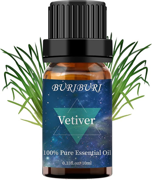 BURIBURI Vetiver Essential Oil Organic for Diffuser, Skin, Candle Soap Perfume Making - 100% Pure, Undiluted, Natural, Aromatherapy Vetiver Oils 10ML