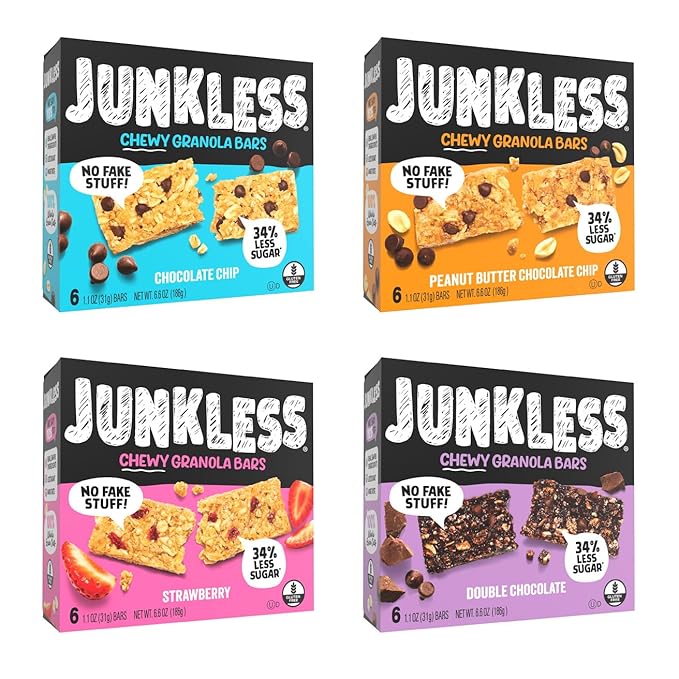 JUNKLESS Chewy Granola Bar 4‑Flavor Variety Pack (24 Bars)–Non‑GMO, Gluten‑Free, Less Sugar Snack Bars— Chocolate Chip, Double Chocolate, Peanut Butter Chocolate Chip & Real Strawberry, 4 Boxes