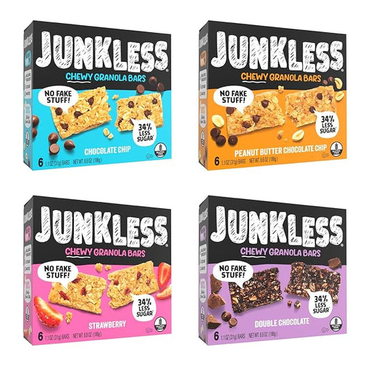 JUNKLESS Chewy Granola Bar 4‑Flavor Variety Pack (24 Bars)–Non‑GMO, Gluten‑Free, Less Sugar Snack Bars— Chocolate Chip, Double Chocolate, Peanut Butter Chocolate Chip & Real Strawberry, 4 Boxes