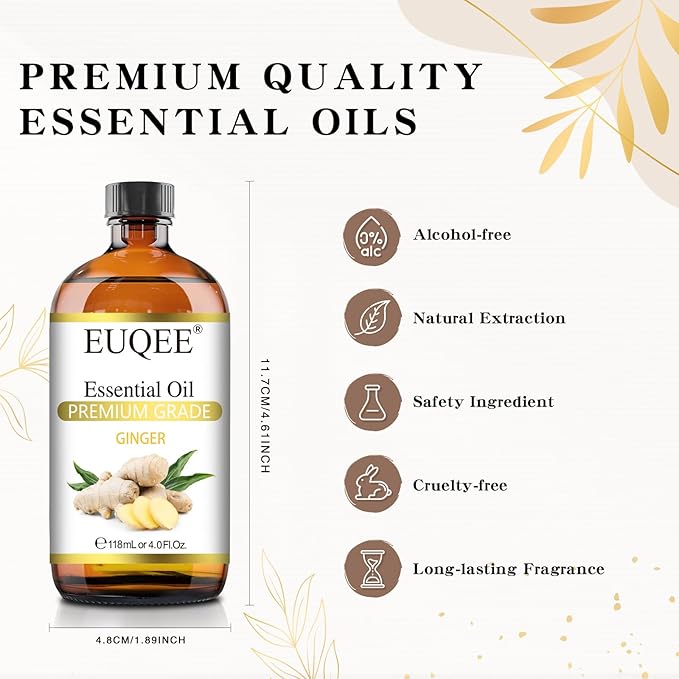 EUQEE Ginger Essential Oil 118mL Pure Ginger Oil, Large Bottle Premium Essential Oil with Glass Dropper for Diffuser, Candle Making, DIY Soap - 4fl. oz