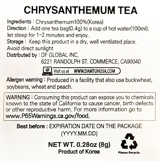 Damtuh Chrysanthemum Tea – Soothing Korean Herbal Flower Tea, Hot or Iced, Natural & Refreshing – 20 Tea Bags (0.4 g each)