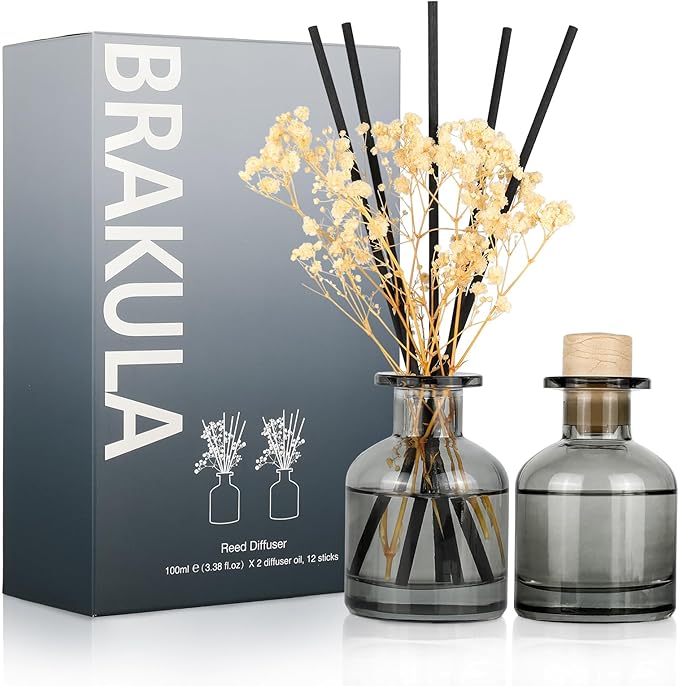 Brakula 2 Pack Reed Diffuser, White Jasmine + Eucalyptus & Wild Mint (3.38 fl oz Each Pack), Home Fragrance with 12 Sticks, Shelf Decor, Reed diffusers for Home