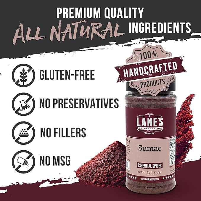 Lane's Ground Sumac Spice, 8.5 oz - Bold & Tangy Sumac Seasoning Powder, Gluten-Free, Authentic Middle Eastern & Mediterranean Spices, Perfect for Meats, Salads, Marinades & Zesty Recipes, Made in USA