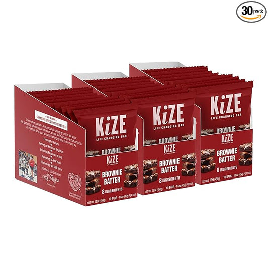 KiZE Energy Bars - Brownie Batter - 30-Count - Almond-Butter-Based, Gluten Free, Dairy Free, Non-GMO, and High Protein Meal Replacement Energy Bars, Clean and Simple Food Ingredients - 10g High Protein Snacks (30 Count)