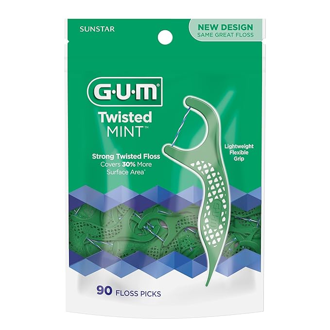 GUM Twisted Mint Floss Picks - Twisted Threads, Shred-Resistant Floss, Easy Grip Handle, 90 Count