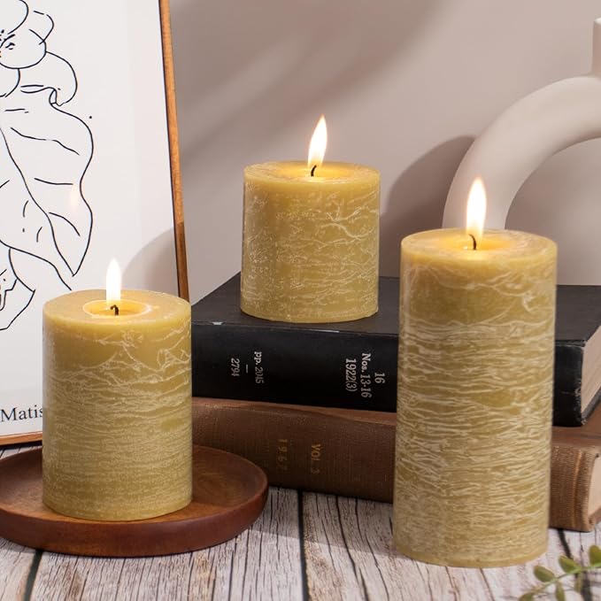 KONNI Wax Yellow Pillar Candles Set of 3, 3"x 6" Unscented Pillar Candles Bulk, 56 Hours Long Burning Candles, Smokeless&Dripless Large Round Candle for Wedding, Home Decoration, Parties, Spas, Dinner