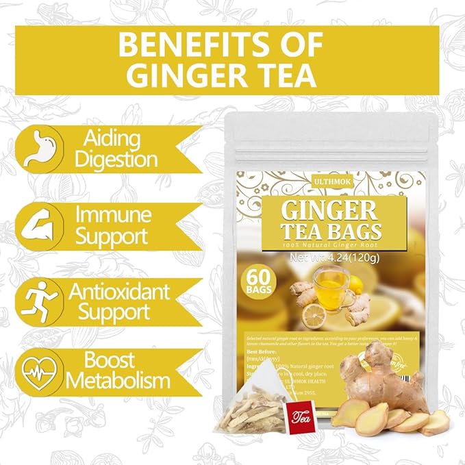 60 Premium Ginger Tea Bags, Made with 100% High-Spiciness Ginger Root, Full of Favor & Spicy, Support Digestion & Boost Immunity, No Additives & Caffeine Free.