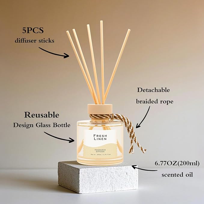 Linen Reed Diffuser, 6.77OZ/200ML Large Capacity Natural Non-Toxic Oil, Long-Lasting Fragrance Reed Diffusers Set for Home and Bathroom, Aroma with 5 Reed Diffuser Sticks Gifts