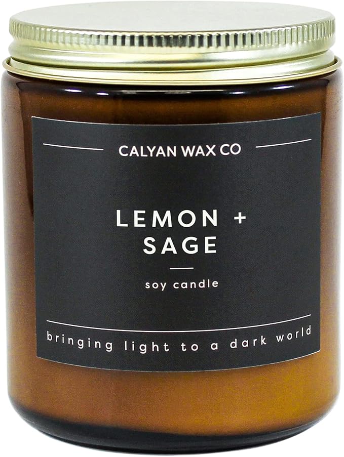 Calyan Wax Co. Soy Wax Candle, Lemon + Sage Scented Candle, 57 Hour Burn Time, Aromatherapy Soy Candles, Non Toxic & Vegan Soy Wax, Amber Glass Jar Scented Candles, 7.2oz