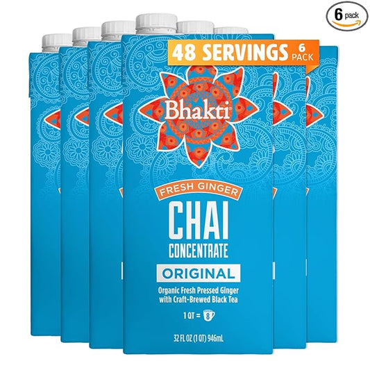 Bhakti Chai Tea Concentrate | Original, Organic Fresh Ginger, Black Tea, Sweetened, Spiced, Dairy-Free, Vegan (Pack of 6)