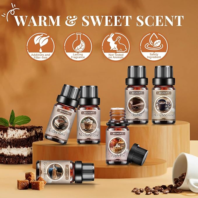 Bakery Essential Oils Set - 6x10ML Fragrance Oils for Home Diffusers,Candle & Soap Making |Home Aromatherapy & Crafting| Leather, Hot Chocolate, Coffee Cake, Mocha Coffee, Apple Pie,Brown Sugar Scents