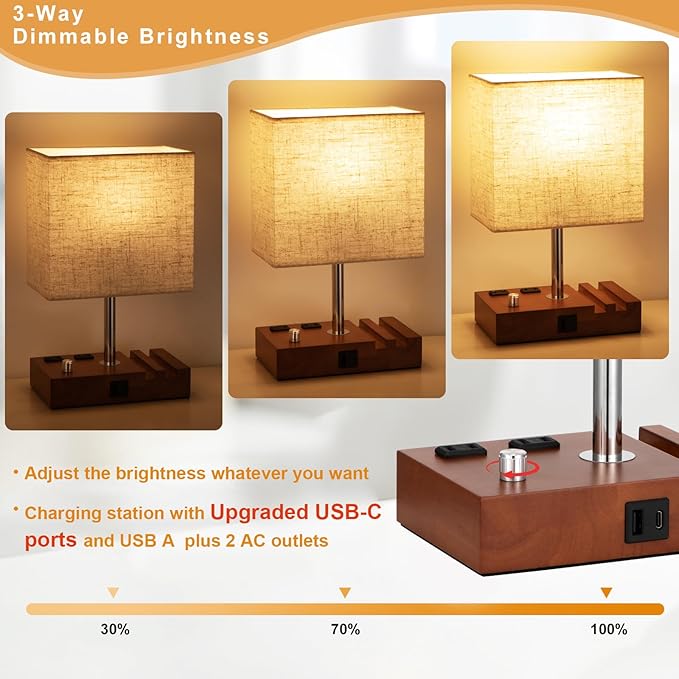 Kakanuo Fully Dimmable Nightstand Lamp for Bedroom with USB C Ports, Small Bedside Table Lamp with Charging Outlets and Phone Stands, Vintage Wooden Desk Lamp for Living Room, LED Bulb Included