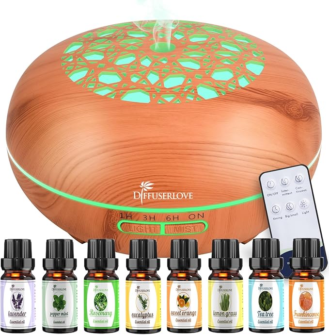 Diffuserlove Essential Oil Diffuser 550ML Diffuser Remote Control Wood Grain Aroma Diffuser Cool Mist Humidifier with 4 Timer, 7 Color LED Lights, Auto Shut-Off for Home Bedroom Office