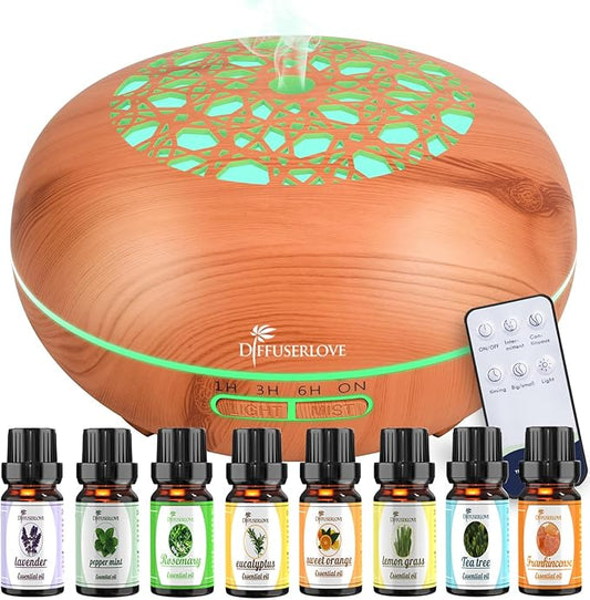 Diffuserlove Essential Oil Diffuser 550ML Diffuser Remote Control Wood Grain Aroma Diffuser Cool Mist Humidifier with 4 Timer, 7 Color LED Lights, Auto Shut-Off for Home Bedroom Office