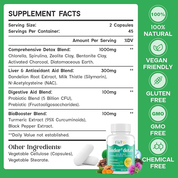 15-in-1 Detox Binder, Activated Charcoal, Zeolite & Bentonite Clay, Chlorella, 1500 MG Detox Supplement Maximum Absorbent, Liver Gut Digestive Detox Cleanse, 270 Vegan Capsules