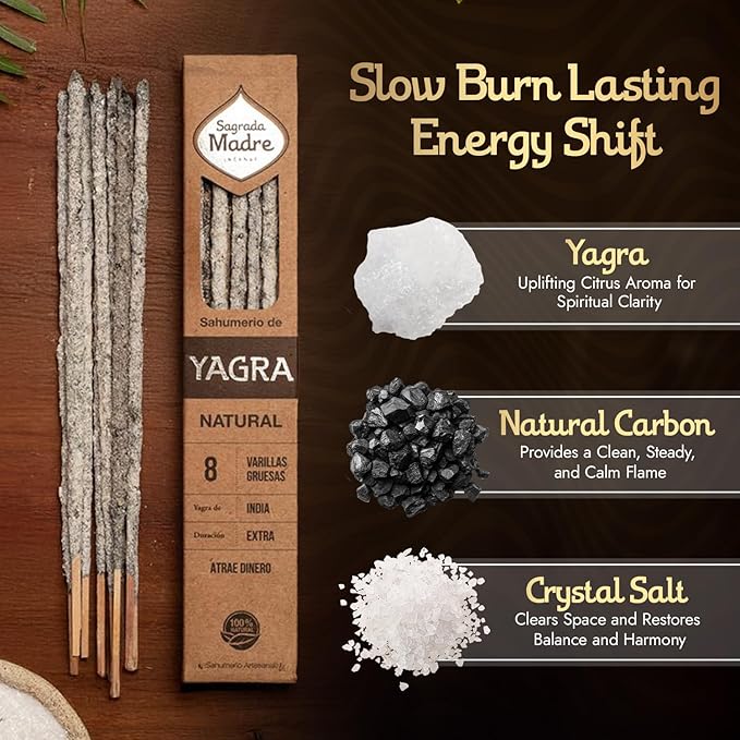 Sagrada Madre Yagra-Yagra Natural Incense Sticks, 8 Sticks (9" Each) - Handmade Citrusy Aroma for Abundance, Prosperity & Wealth - Ideal for Meditation & Spiritual Practice with 1-Hour Burn Time