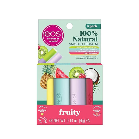 eos 100% Natural Lip Balms- Coconut Milk, Pineapple Passionfruit, Watermelon Frosé & Raspberry Kiwi Splash, All-Day Moisture Lip Care, 0.14 oz, 4-Pack