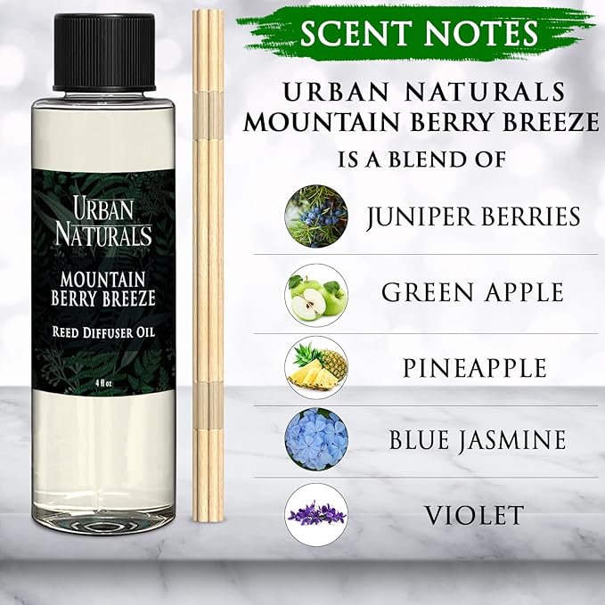 Urban Naturals Reed Diffuser Oil Refill, Mountain Berry Breeze Diffuser Oils with Juniper, Jasmine, Apple, 4 oz + Free Reed Sticks, Made in The USA
