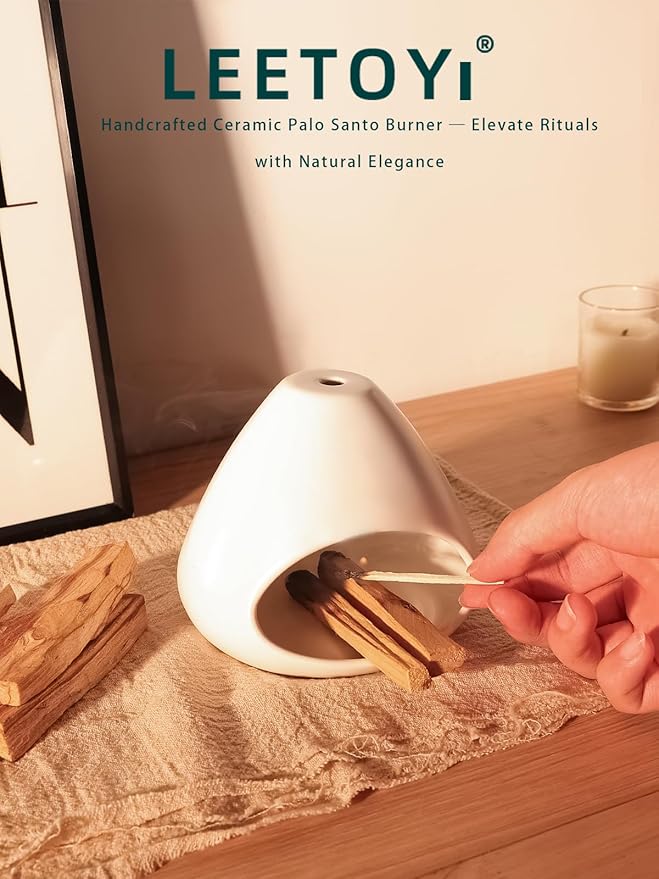Ceramic Palo Santo Holder - Modern Incense Burner for Meditation,Yoga and Energy Cleansing - Wood Sticks Dish, Cone Burner - Inspired Home Decor Gift (White)