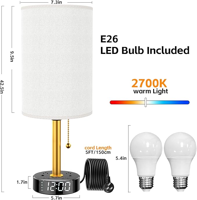 Bedside Desk Lamp for Bedroom, Table Lamp with USB A & USB C Fast Charging Ports & 2 AC Power Outlets, Alarm Clock Base, Round Black Fabric Lampshade Modern Nightstand Lamp for Living Room Home Office