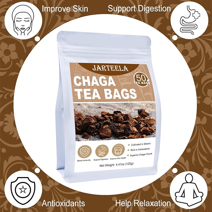 Jarteela - Chaga Tea, 50 Teabags, 2.5g/bag - Chaga Mushroom Tea Bag - Premium Herbal Tea Bags - Non-GMO - Caffein-free Tea- Improve Liver and Skin Health (Pack of 2)
