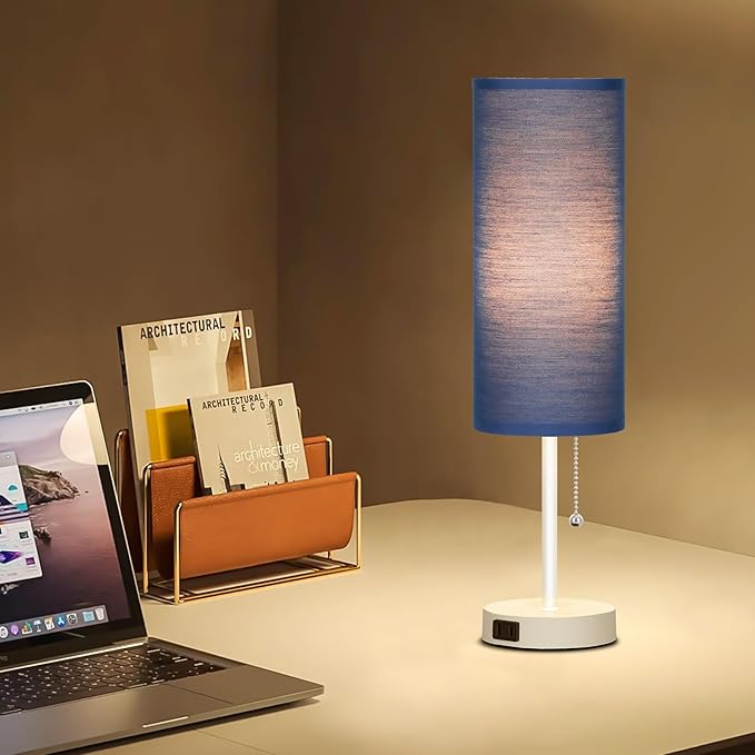 Dott Arts 18" Table Lamp for Bedroom, 3-Color Bedside Lamps with Pull Chain, Bedroom Table Lamps for Nightstand,AC Outlet Small Lamp for Living Room, Bulb Included Blue