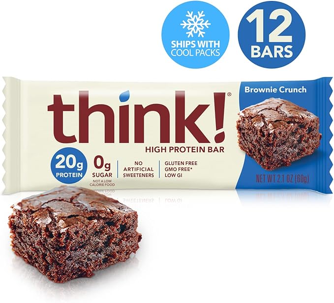think! Protein Bars, High Protein Snacks, Gluten Free, Sugar Free Energy Bar with Whey Protein Isolate, Brownie, Nutrition Bars without Artificial Sweeteners, 2.1oz Bars, 1 Box (Pack of 2)