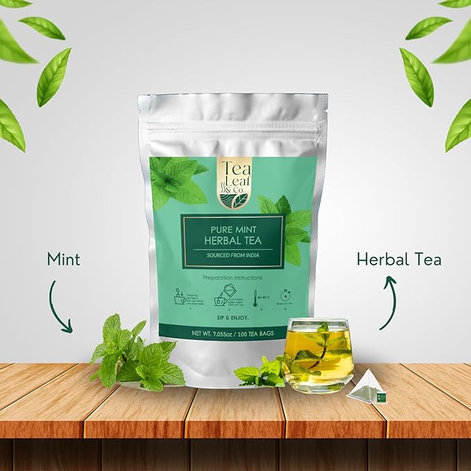 Tealeaf & Co. Pure Mint Herbal Tea Bags Blended with Fresh Herbs - Spearmint & Peppermint Tea - Contains Low Caffeine - Gluten Free - 100 Teabags (7.055oz/200gm)