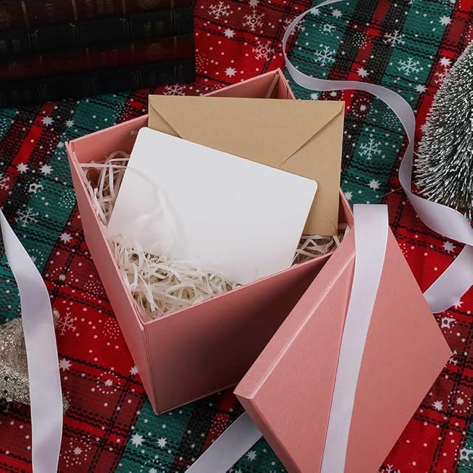 Gift Box with Lid 7x7x6.5 Inches, Pink Gift Boxes for presents Packaging for Birthdays, Valentine's Day, Christmas, Anniversaries (Include Shredded Paper Fill, Envelope Card Ribbon)