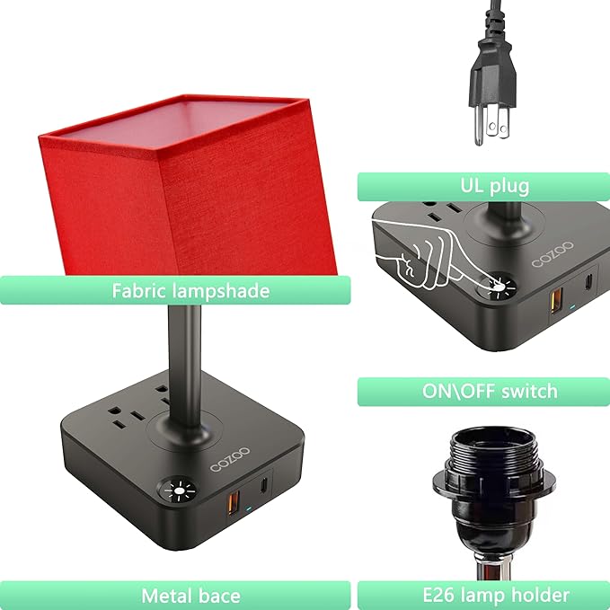 cozoo USB Bedside Table Desk Lamp with 2 USB Charging Ports and 2 Outlets Power Strip,Dimmable Table Lamp with Red Fabric Shade, LED Light for Bedroom/Nightstand