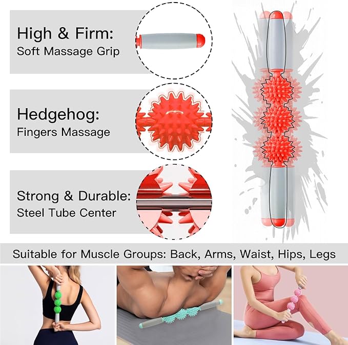 Fascia Muscle Roller, Cellulite Massager Fascia Roller for Cellulite and Sore Muscles, Neck, Leg, Back, Pressure Trigger Point Body Roller Deep Tissue Massage Stick Tools - 3 Massage Balls | Red