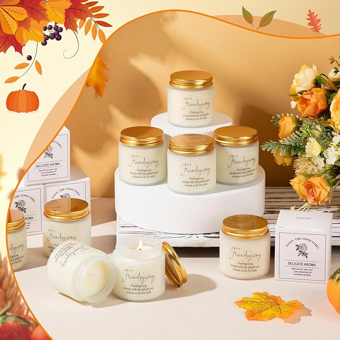 12 Pcs Thanksgiving Gifts Fall Scented Candles Set 3.5 Oz Soy Wax Pumpkin Scented Glass Jar Candle Friendsgiving Gift for Friends Coworker Women Men Autumn Birthday (Classic)