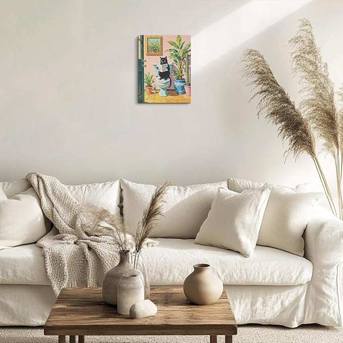Funny Cat on Toilet Paintings Wall Art, Cat Lover Gifts, Botanical Wallpaper Canvas Framed Prints Modern Decorations, Pink Cute Poster for Living Room Bathroom Entryway Book Shelf Farmhouse