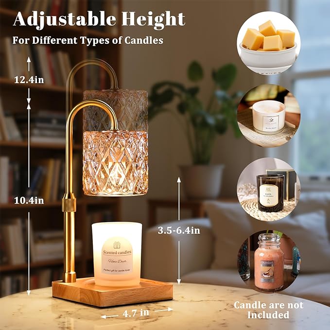 Hong-in Candle Warmer Lamp with Timer -Dimmable Adjustable Height,House Warming Gifts New Home,Vintage Home Decor with Elegant Amber Glass,Birthday Gifts for Women, Mom, Friend and Sister