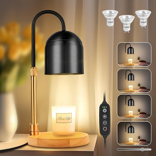 Candle Warmer Lamp with Timer & 3 Bulbs, Dimmable Electric Candlelight Adjustable Height and Brightness Candle Wax Warmer for Jar Candles Bedroom Home Decor House Warming Gift for Women (Round Black)