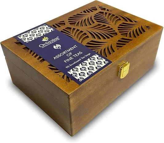 Octavius Tea Gift Set - Assorted Black & Green Tea Bags in Wooden Box | 6 Flavors, 90 Count | Premium Tea Sampler for Women & Men | Wellness Gift, Holiday, Birthday, Office, Corporate Gifting