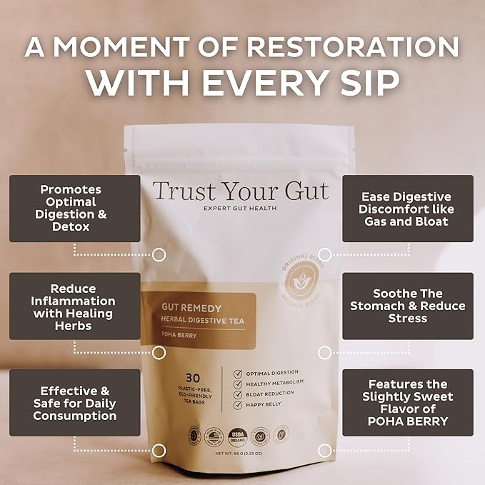 Trust Your Gut Organic Herbal Tea Blend with Lemon Balm, Holy Basil, Dandelion, Ginger Root – Liver Detox, Digestion & Gut Health Support, Gas Bloating Relief – Poha Berry, 30 Bags