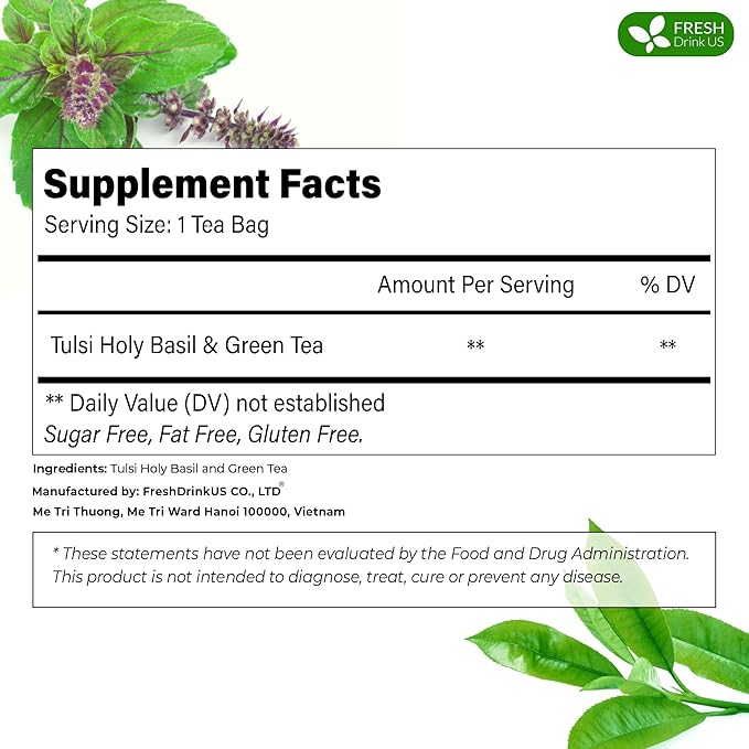 FreshDrinkUS, Premium 75 Tulsi Green Tea Bags, 100% Natural, Blend of Tulsi Holy Basil Leaves, and Green Tea Leaves. Made with Natural Material Tea Bags. No Sugar, Vegan.
