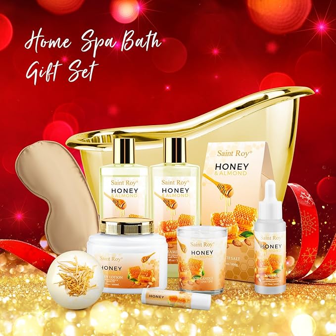 Christmas Gifts for Women Bath & Body Gift Set, Luxury Home Spa Bath Gift Basket, Honey Almond Scented Bath Set, Pamper Gifts Birthday gifts & Teens, Spa Kit Gift, Home Spa Gifts for Men Dad