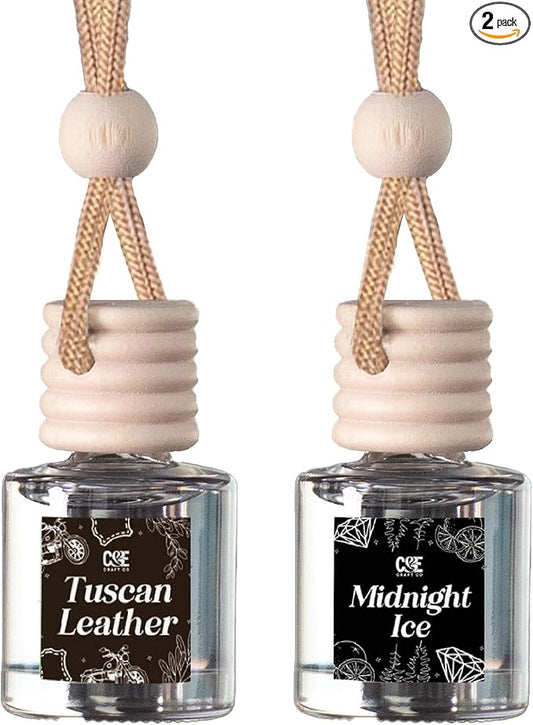 CANDECraftCo Car Air Hanging Fragrance Oil, Car Auto Freshener for Essential Oils, Scents Fragrance Aromatherapy Automobile Diffuser, Long Lasting (Tuscan Leather & Midnight Ice)