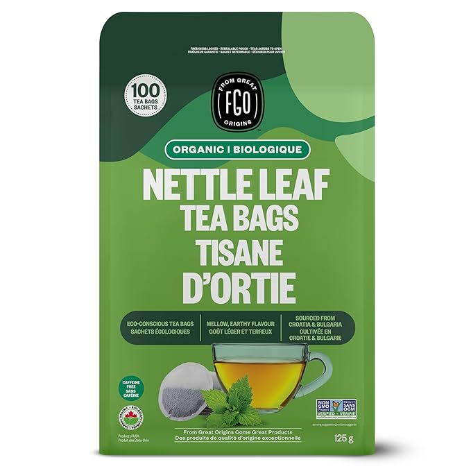 FGO Organic Nettle Leaf Tea, 100 Count, Eco-Conscious Tea Bags, Caffeine Free, Resealable Bag, Packaging May Vary (Pack of 1)