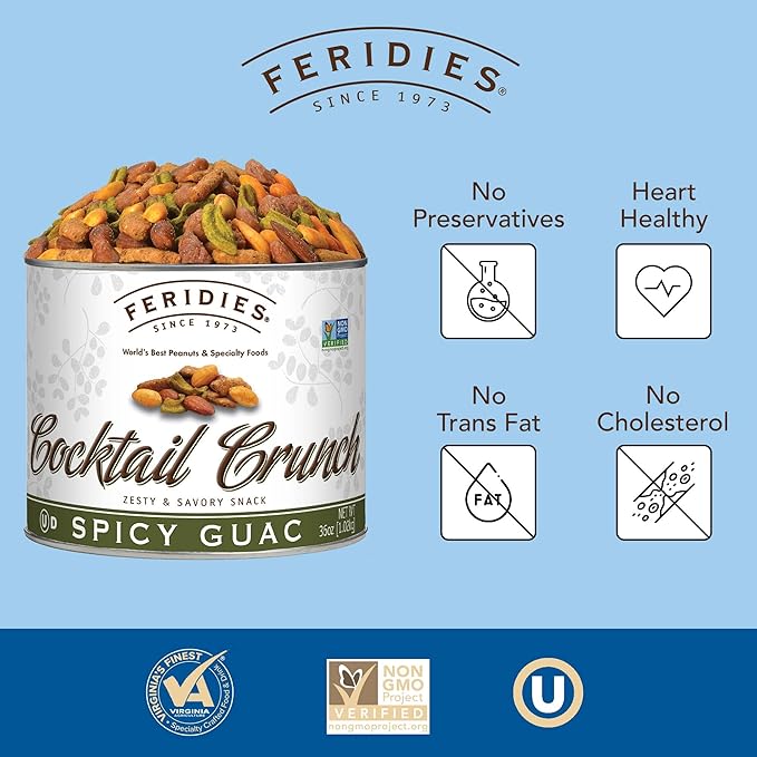 FERIDIES Gourmet Cocktail Crunch Spicy Guac Snack Mix for Adults with Tangy Buffalo and Guacamole Flavors, Premium Virginia Peanuts, Almonds, Sesame Sticks - 36 Oz Tin