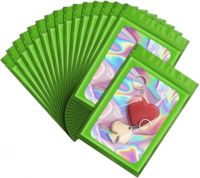 ANZNKU 100 Pcs Smell Proof Mylar Resealable Bags, Holographic Packaging Bags, Resealable Odor Foil Pouch Zip Bag with Clear Window for Food Storage and Lipgloss, Jewelry Lash(Green, 3.9 x 7.1 Inch)