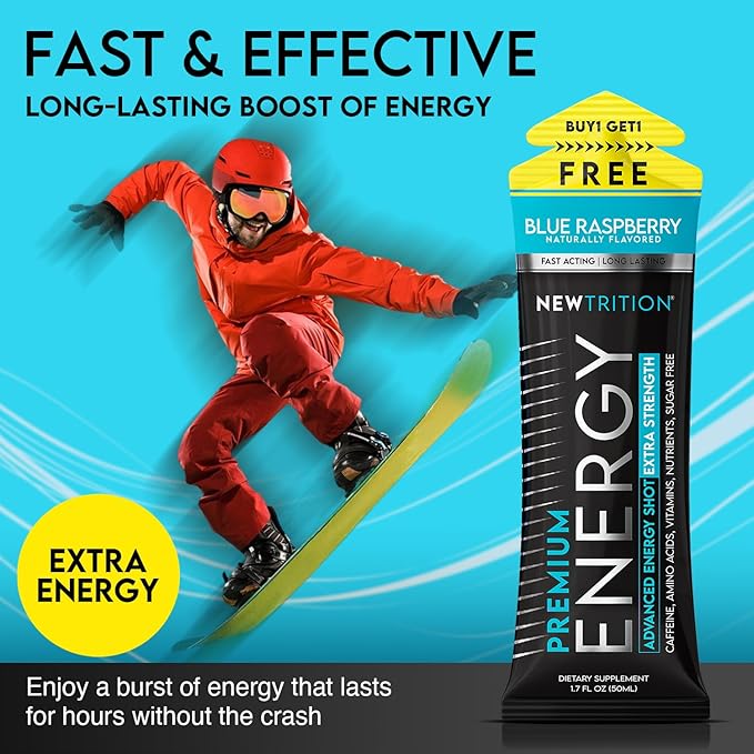 NewTrition® Extra Strength Energy Shots, 250mg Caffeine Energy Shots with Vitamin B & Amino Acids, Sugar-Free Vitamin Energy Shot, 1.7 fl oz (Pack of 24, Blue Raspberry)