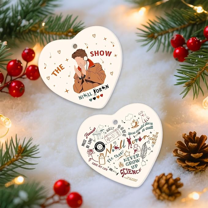 34HD Gifts for Christmas, Males Singer Ornament Heart-Shaped 2-Side Printed Ceramic, Music Gift for Lovers Men Women, Holiday Xmas Tree Hanging Decor